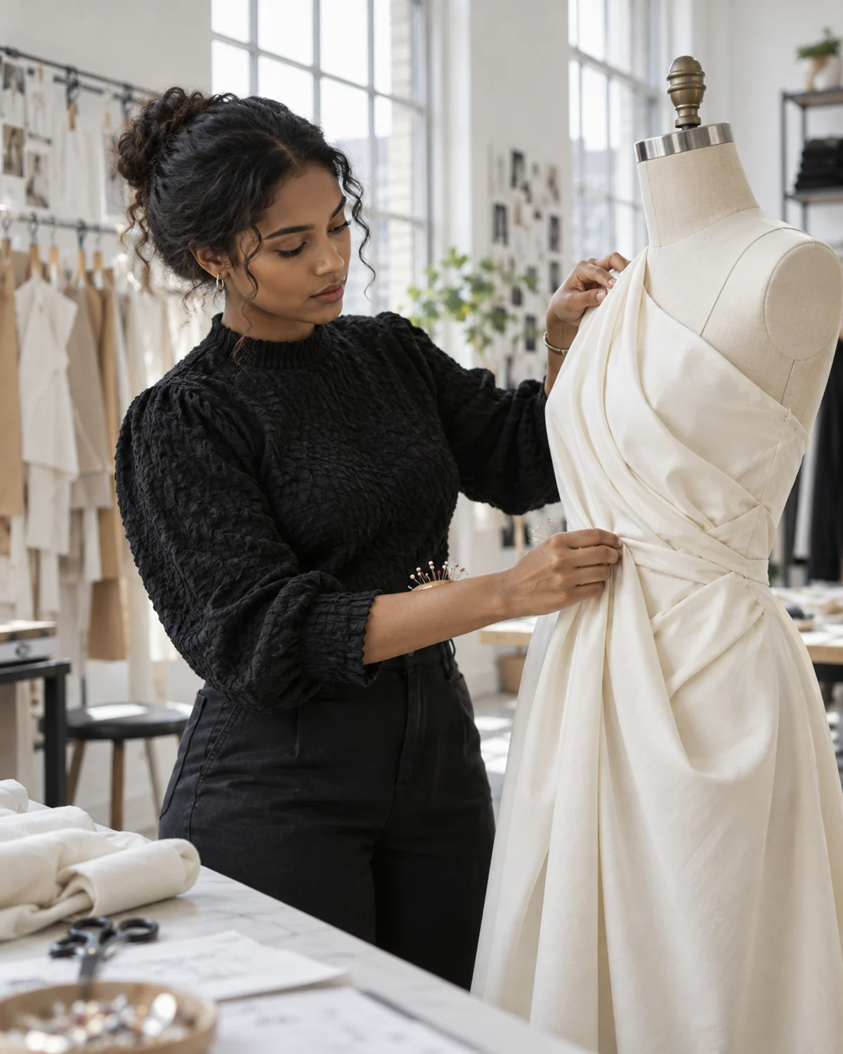 Fashion student draping ivory fabric on a dress form in a sunlit design studio